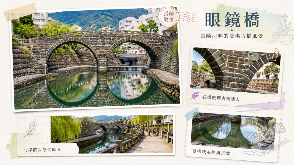 長崎眼鏡橋｜日本三大名橋之一，尋找浪漫愛心石與絕美眼鏡倒影 拍攝橋身與水面完美結合的眼鏡倒影、尋找隱藏在河畔石垣中的浪漫愛心石、欣賞初夏紫陽花或冬季長崎燈會佈置