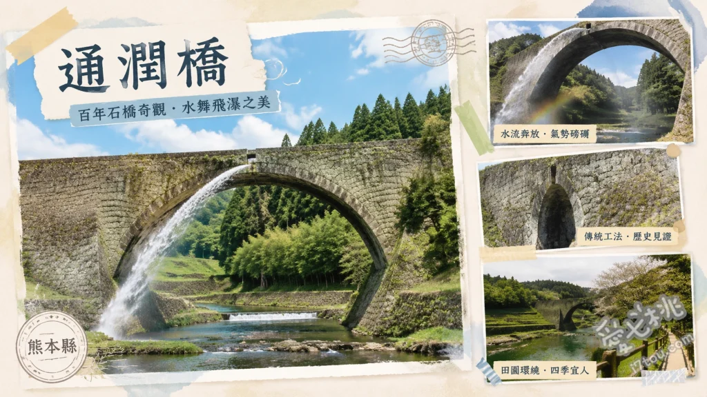 通潤橋｜熊本日本最大級石造拱橋，震撼放水時間與交通攻略 觀賞高達20公尺的震撼放水景觀、漫步至鄰近的五老瀑布享受芬多精、參觀通潤橋史料館了解江戶時代水利智慧