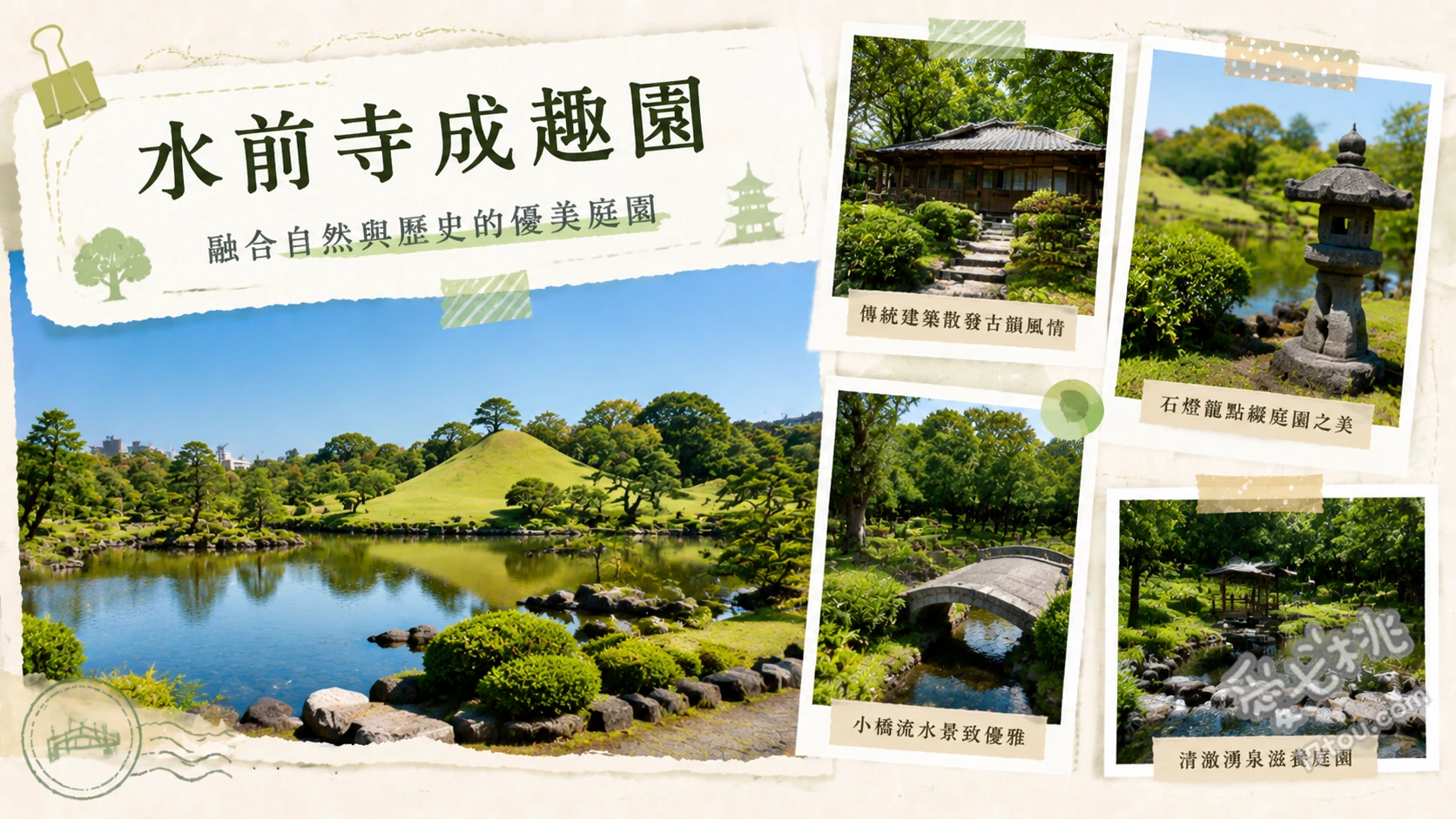 水前寺成趣園｜熊本必訪江戶時代日式庭園，絕美小富士山與抹茶體驗 欣賞縮小版「富士築山」與回遊式庭園造景、參拜出水神社並飲用阿蘇湧泉「長壽之水」、於「古今傳授之間」品嚐日式抹茶與和菓子