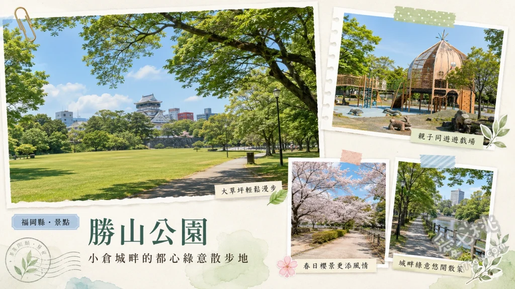 北九州勝山公園｜小倉城下賞櫻勝地與親子同樂大草坪 小倉城護城河櫻花倒影、八爪章魚溜滑梯與滑草坡、大草坪廣場野餐放風