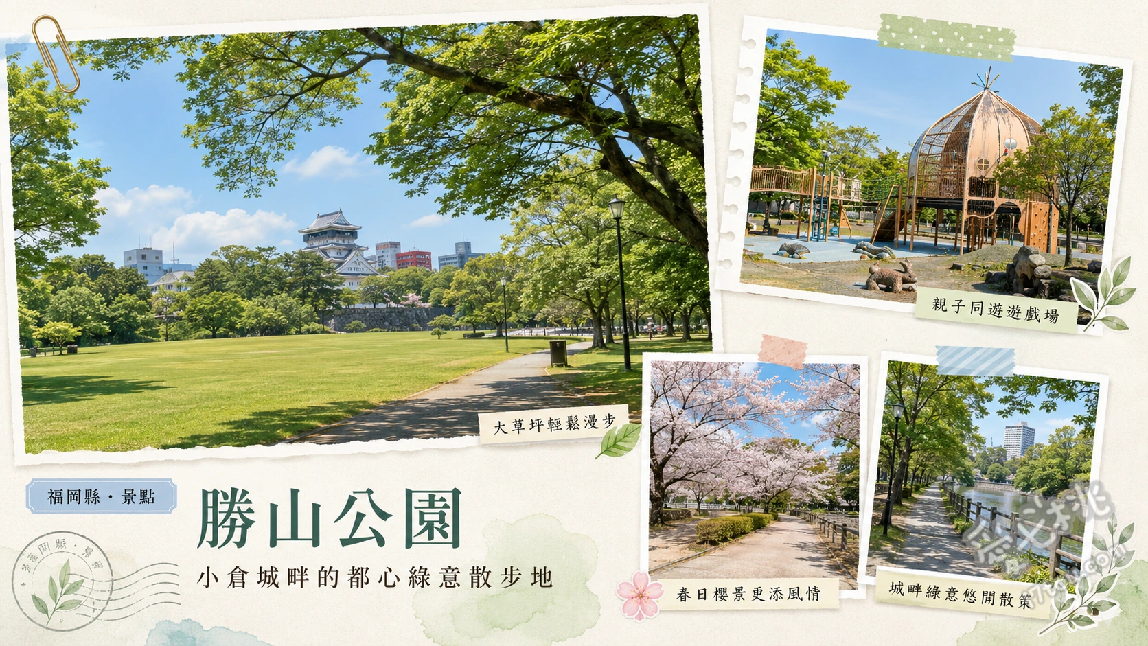 北九州勝山公園｜小倉城下賞櫻勝地與親子同樂大草坪 小倉城護城河櫻花倒影、八爪章魚溜滑梯與滑草坡、大草坪廣場野餐放風