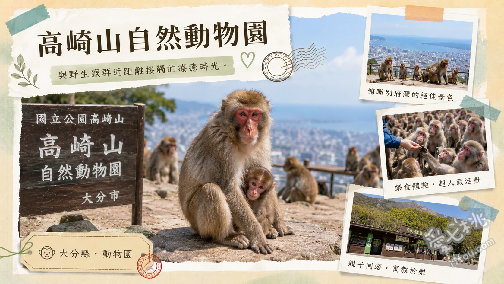 高崎山自然動物園｜大分必訪無柵欄野生獼猴樂園，親子零距離觀察生態 零距離觀察野生獼猴生態、搭乘可愛的猴子單軌列車、從觀景台眺望別府灣海景