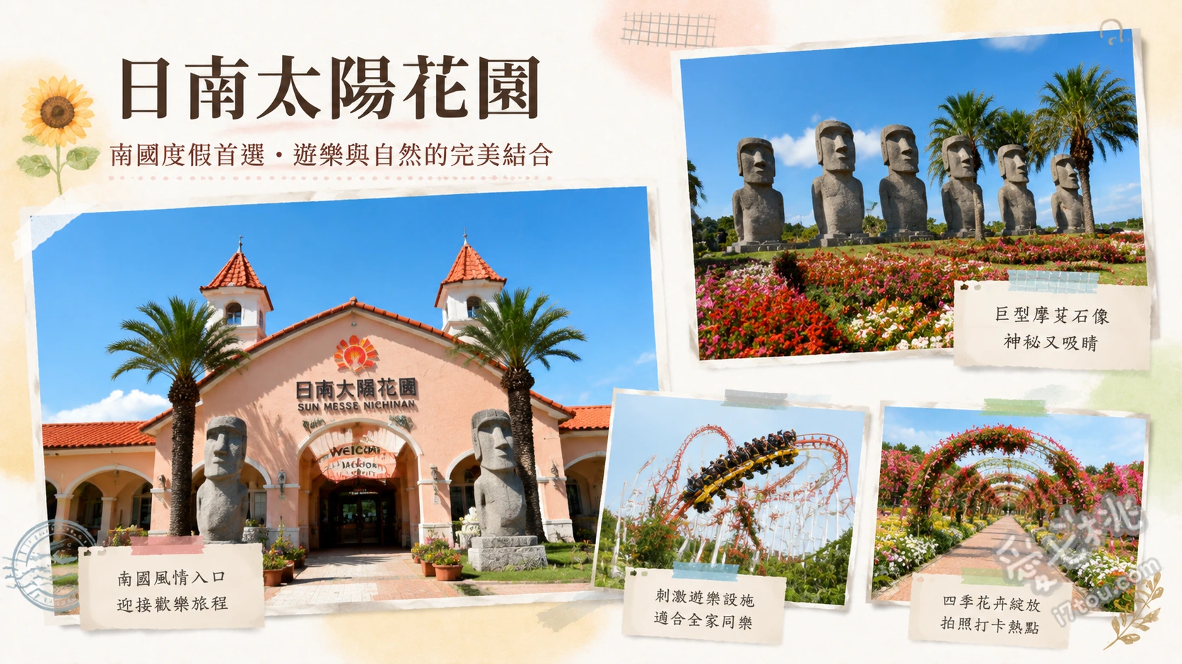 宮崎日南太陽花園｜全球唯一正版授權摩艾石像，絕美海岸打卡點 7座正版授權摩艾石像、色彩繽紛的思考者雕像與海景鞦韆、山丘頂端的地球感謝之鐘與觀景台