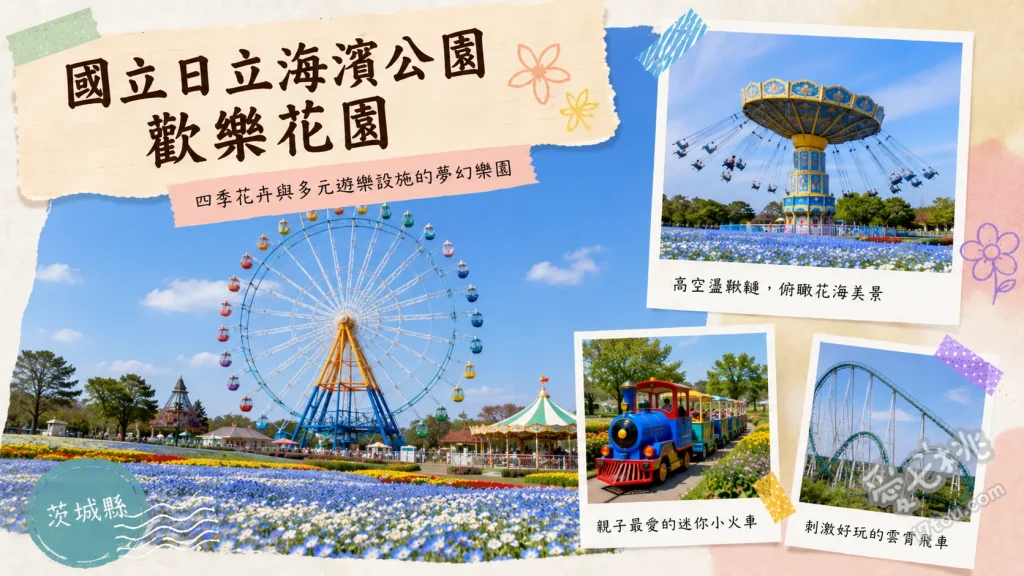 國營常陸海濱公園歡樂花園｜茨城必訪粉蝶花海與摩天輪樂園 見晴之丘壯觀花海、歡樂花園大摩天輪、園內自行車道與海濱小火車
