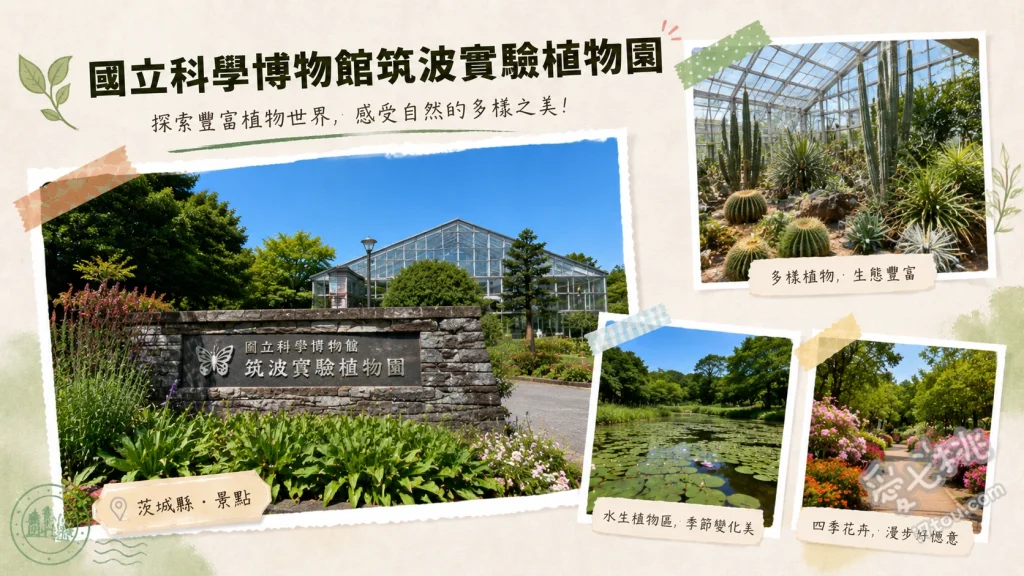 國立科學博物館筑波實驗植物園｜探索世界珍稀植物的生態秘境 熱帶雨林溫室：尋找世界最大花巨花魔芋及多樣珍稀野生蘭花。、熱帶草原溫室：觀賞奇想天外等適應乾燥氣候的奇特多肉與仙人掌植物。、戶外瀕危植物區：探索日本本土特有蕨類與水生植物的自然復育棲地。