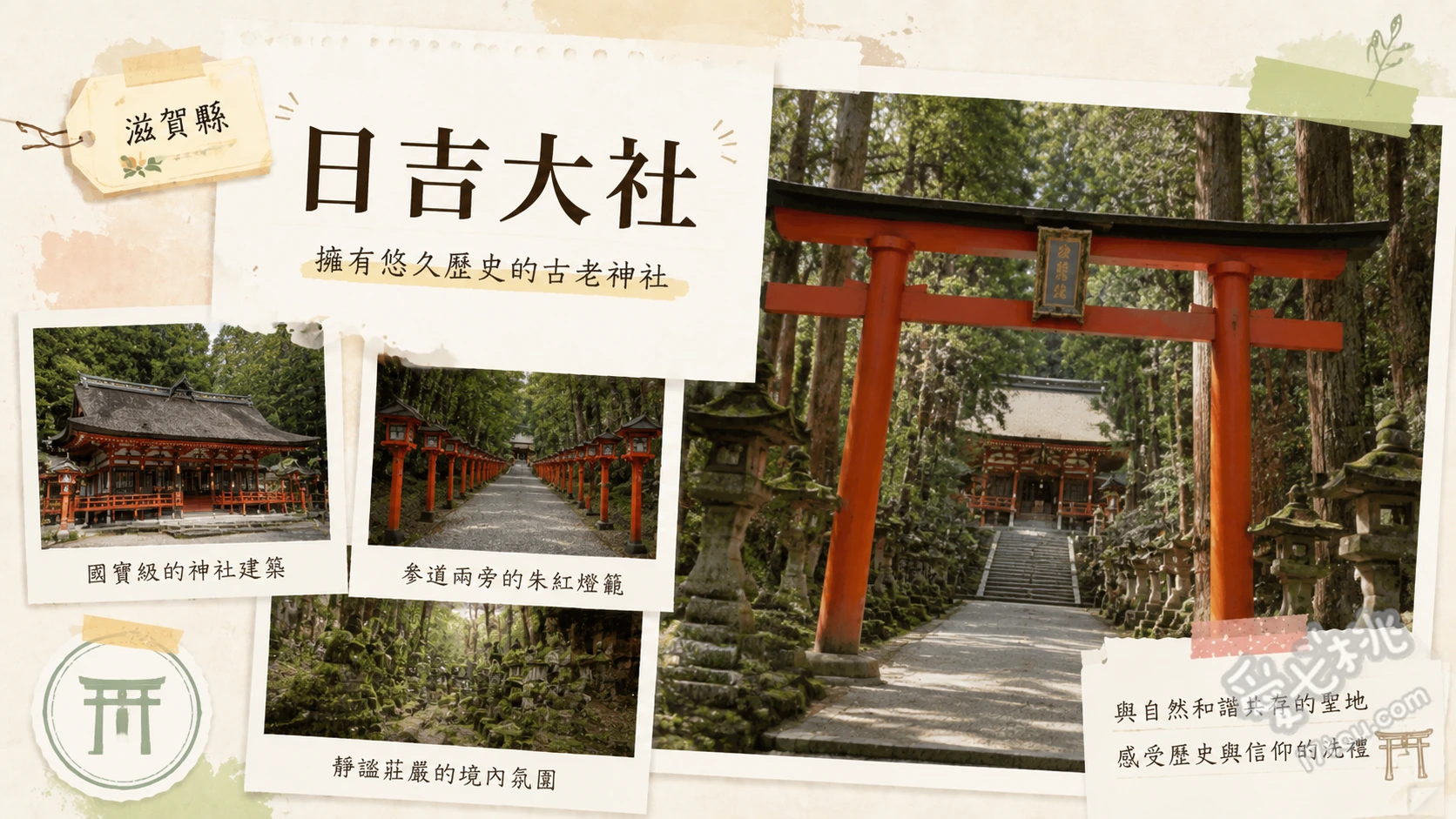 滋賀日吉大社｜尋找神猿使者與山王鳥居，避開京都人潮的賞楓秘境 尋找神猿使者：境內各處藏有象徵消災與必勝的猴子雕像，如西本宮樓門屋簷下的精緻木雕。、仰望山王鳥居：獨特的合掌形頂部設計，象徵神佛習合，是日吉大社最具代表性的地標。、秋季賞楓與點燈：境內種植約三千棵楓樹，秋季不僅有壯觀紅葉，夜間點燈更如夢似幻。
