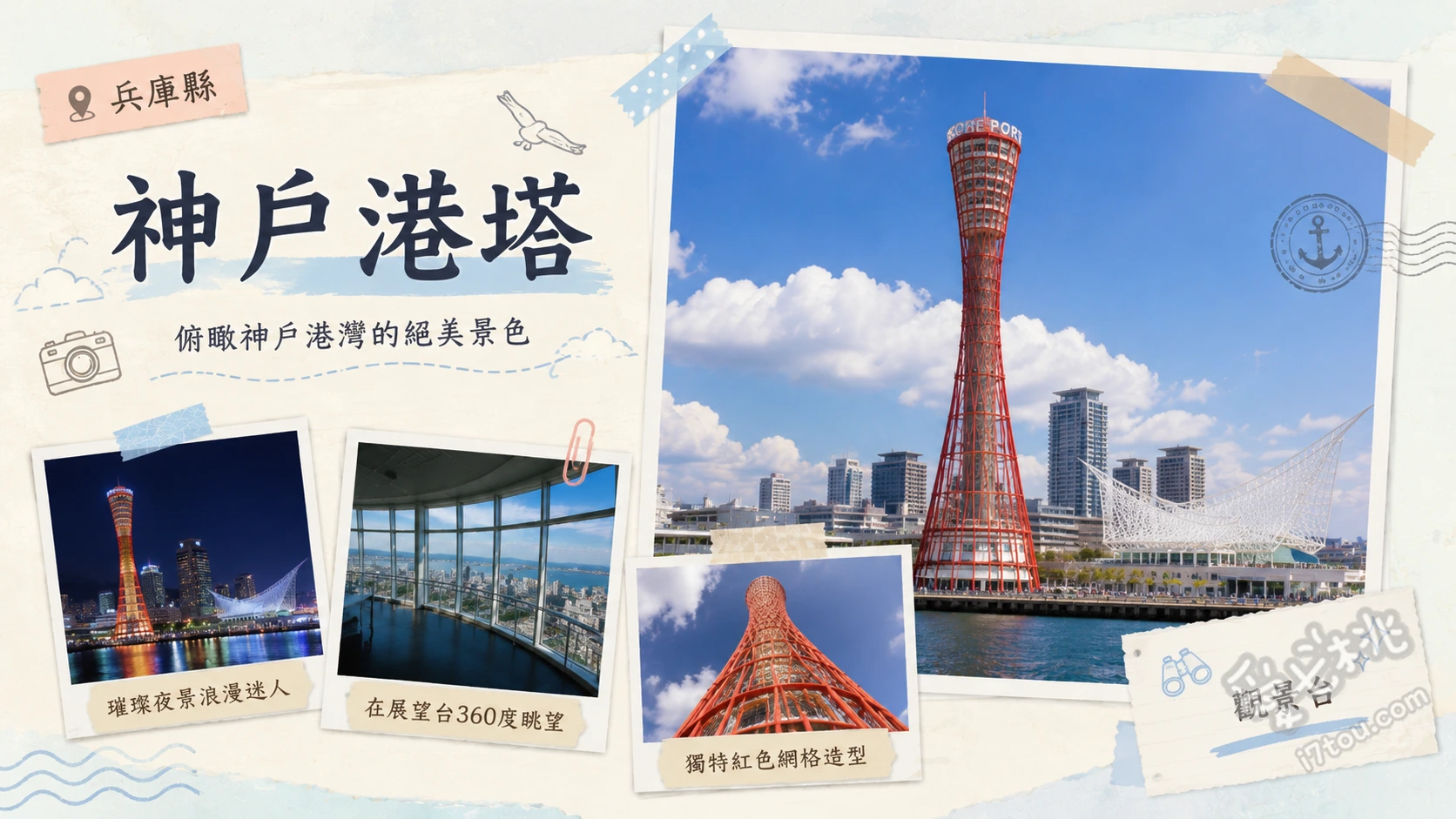 神戶港塔|2024年翻新開幕!神戶必訪絕美夜景地標 頂樓露天平台:2024年翻新亮點,無玻璃遮蔽的三百六十度神戶港全景。、光之博物館:位於4樓的互動式光影藝術展區,體驗絢麗的霓虹燈光效果。、神戶港塔建築外觀:以日本傳統樂器太鼓為靈感的紅色雙曲面塔身,入夜後的點燈秀極具視覺張力。