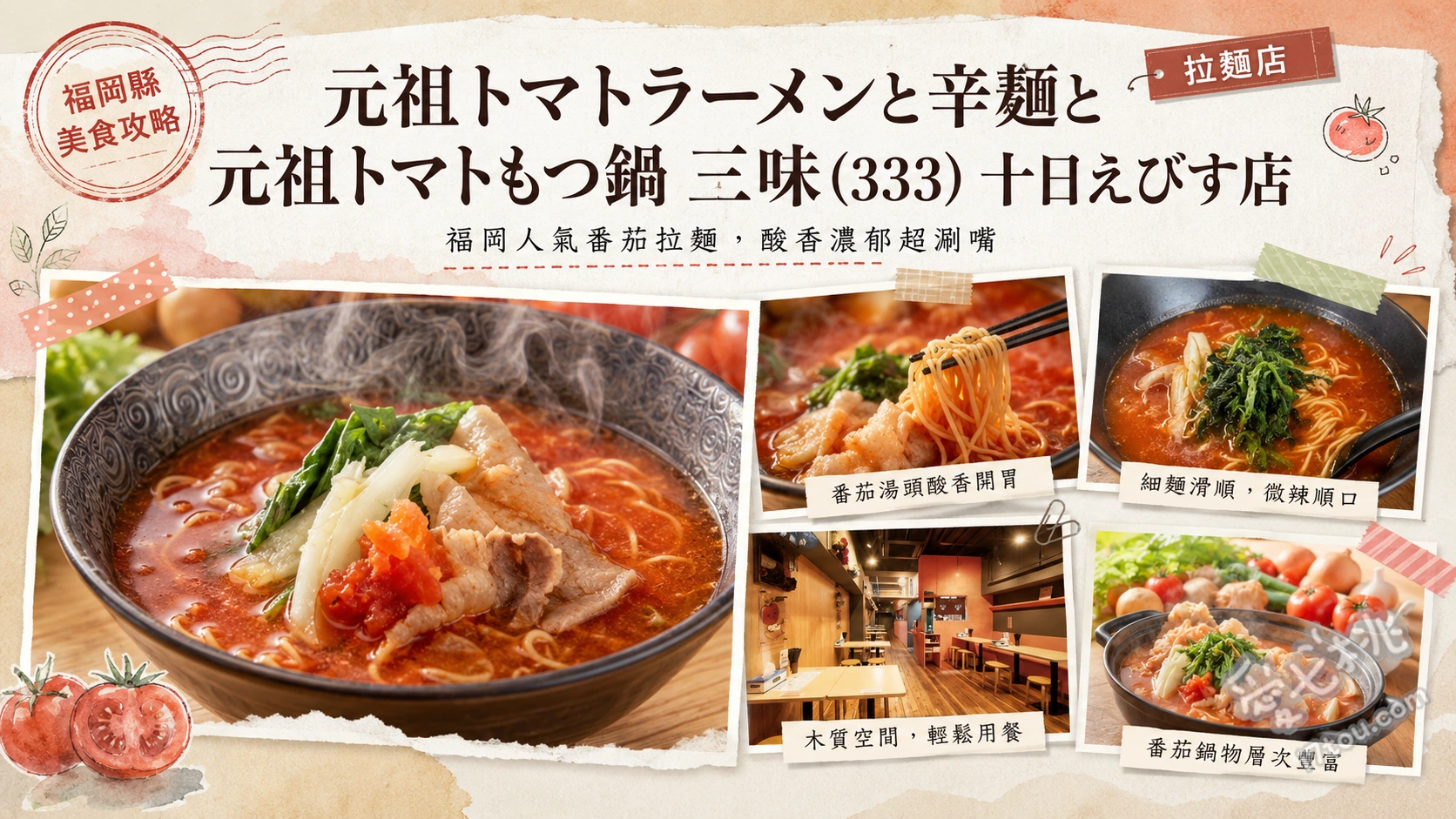 福岡美食｜元祖番茄拉麵三味(千代店)必吃起司燉飯與牛腸鍋 元祖番茄拉麵 (加入芹菜提味，湯頭鮮甜清爽)、結尾起司燉飯 (利用剩餘拉麵湯頭熬煮，起司濃郁)、3小時吃到飽方案 (含番茄牛腸鍋與各式下酒菜)