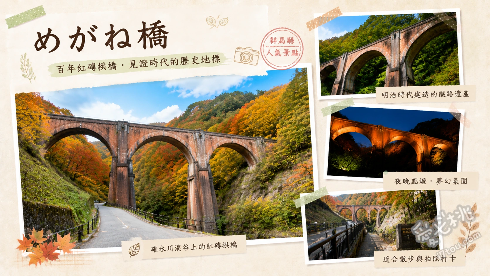 群馬眼鏡橋｜碓氷第三橋樑，日本最大紅磚拱橋與廢線步道 仰望高達三十一公尺的四連紅磚拱橋、漫步愛伯特步道（舊信越本線廢線）、穿越充滿神祕感的舊鐵道隧道群