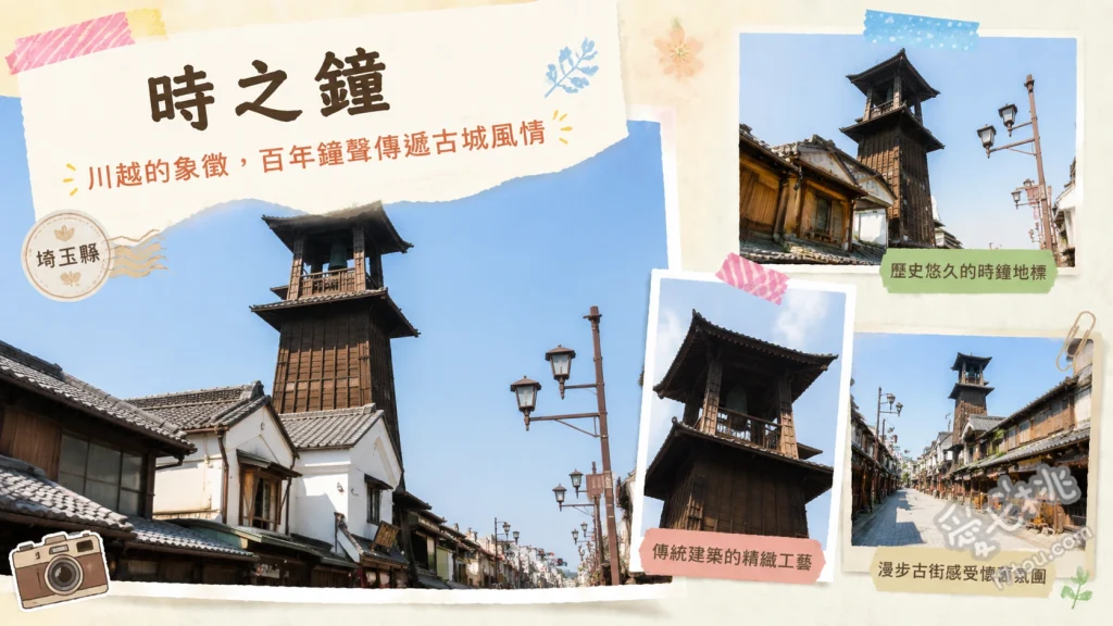 小江戶川越時之鐘｜藏造老街必拍歷史地標與藥師神社參拜指南 聆聽每日四次的報時鐘聲、拍攝木造鐘樓與老街的復古剪影、參拜鐘樓下方的藥師神社祈求眼疾康復