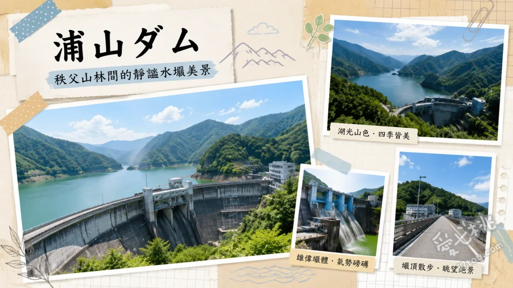 浦山水壩｜埼玉秩父免費景點，日本第二高重力壩與壯麗湖景 搭乘落差132公尺的水壩電梯、參觀水壩內部的觀測廊道、從壩頂俯瞰秩父市區與櫻花湖