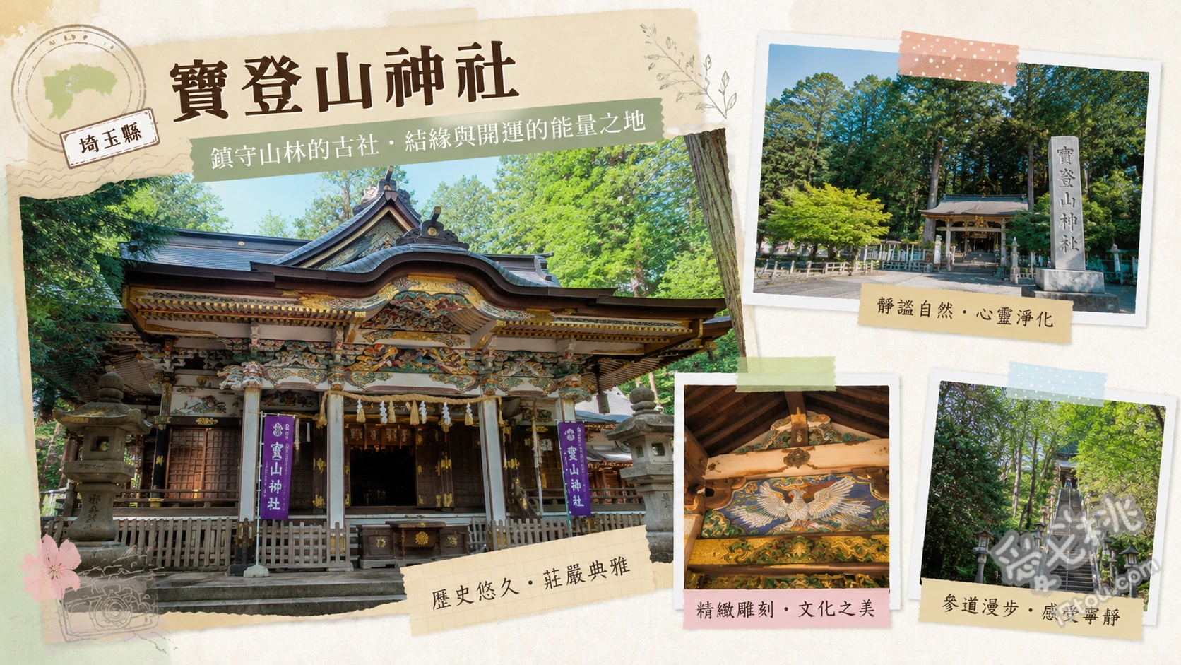寶登山神社|長瀞米其林一星景點,親子搭纜車賞絕景與特色一字御守 欣賞米其林綠色指南一星評價的本殿華麗木雕、抽取獨特的「一字御守」與「小金槌御守」祈求好運、搭乘寶登山纜車前往山頂奧宮,飽覽秩父連山絕景