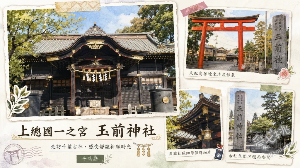 上總國一之宮 玉前神社｜千葉御來光之道起點與赤腳祈福體驗 脫下鞋襪挑戰「赤腳之道」，踏著玉砂利繞行三圈祈求好運兼腳底按摩、欣賞指定為千葉縣文化財、莊嚴沉穩的「黑漆權現造」本殿建築、求取超人氣的「波乘守」，祈求人生乘風破浪、平安順利