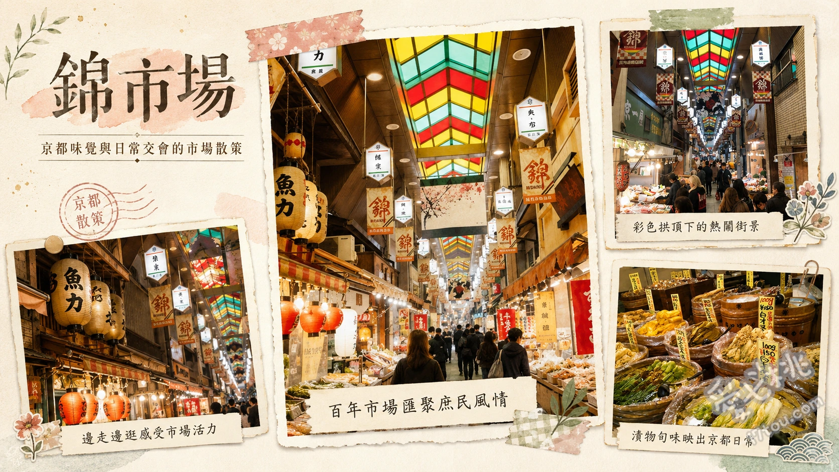 錦市場｜京都的廚房！400年歷史必吃美食與交通攻略 錦天滿宮參拜與撫牛祈福、仰望紅綠黃三色交織的經典遮雨棚、尋訪百年老舖與隱藏的伊藤若沖畫作