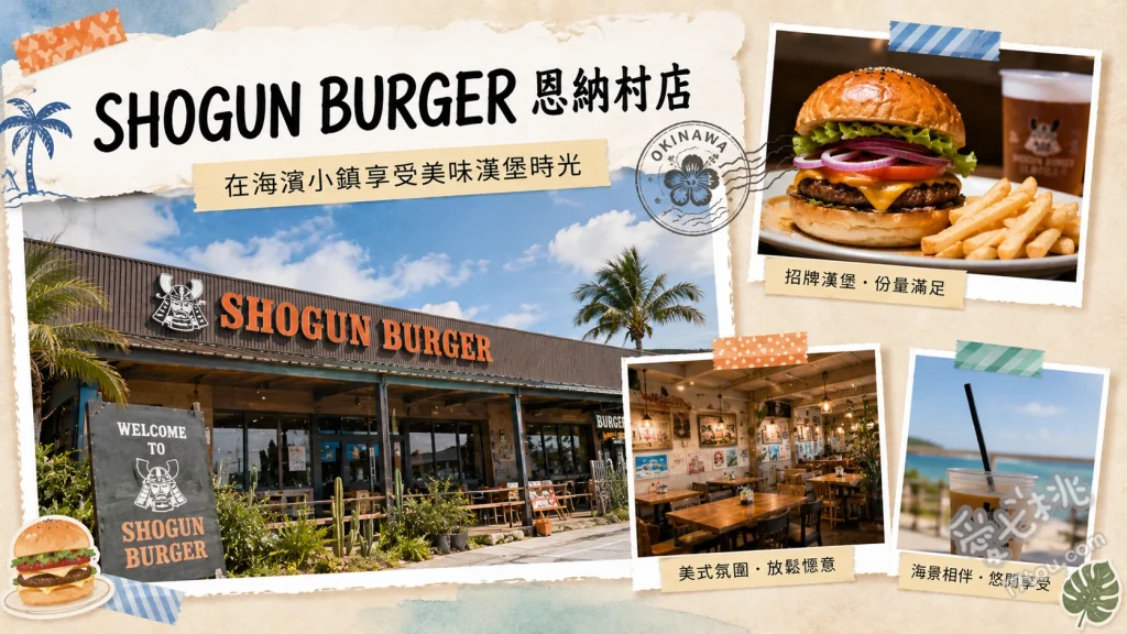 SHOGUN BURGER恩納村店｜沖繩必吃日本冠軍和牛漢堡 塔可肉漢堡 (恩納店限定)、培根起司雞蛋洋蔥漢堡、芒果奶昔 (使用BLUE SEAL冰淇淋)