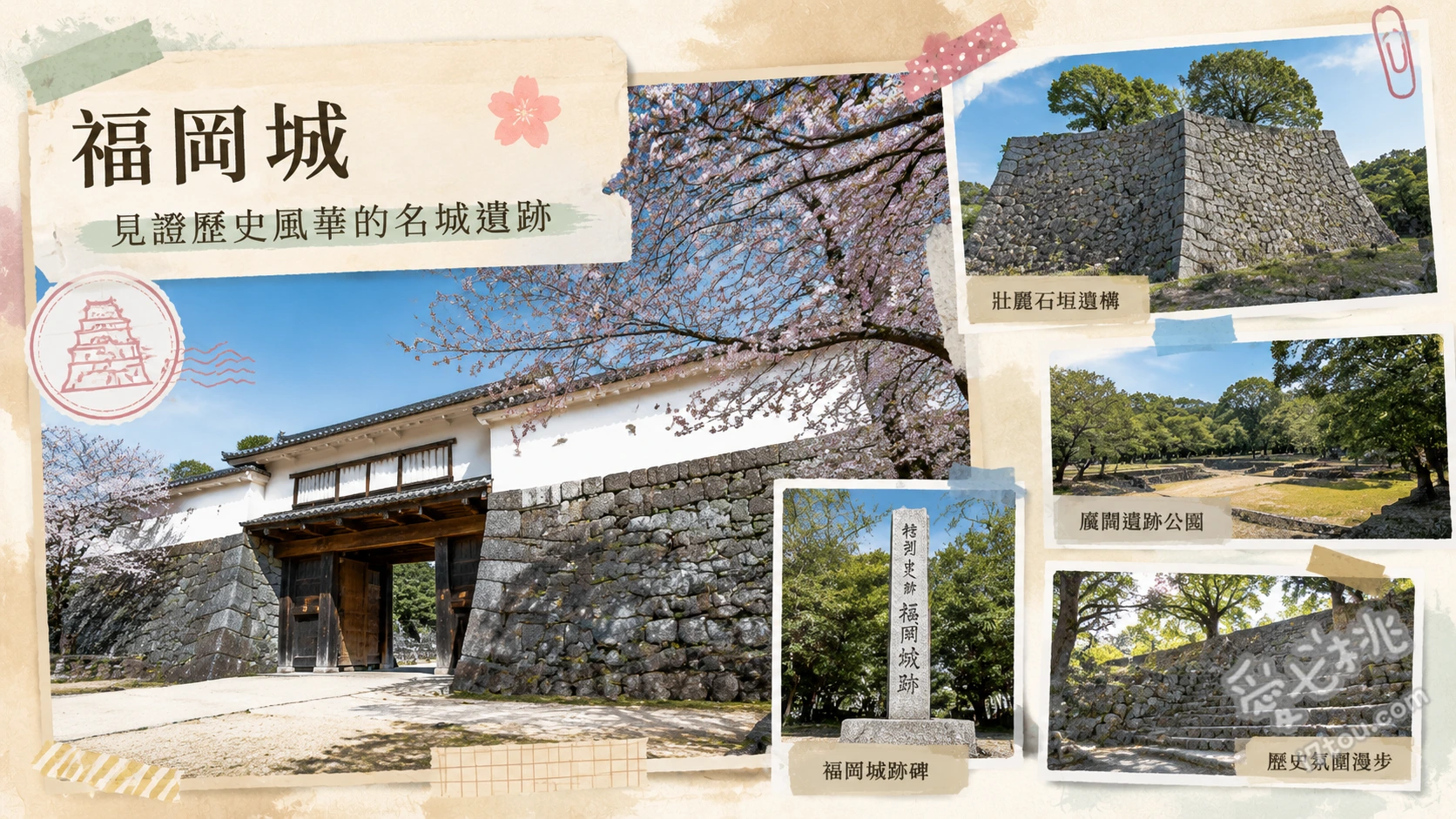 福岡城｜漫步九州最大古城遺跡，登天守台賞絕美市景 登天守台三百六十度俯瞰福岡市區與大濠公園景緻、尋訪多聞櫓與江戶時代遺留的壯觀石垣、春季漫步於千株櫻花林與欣賞夜櫻點燈