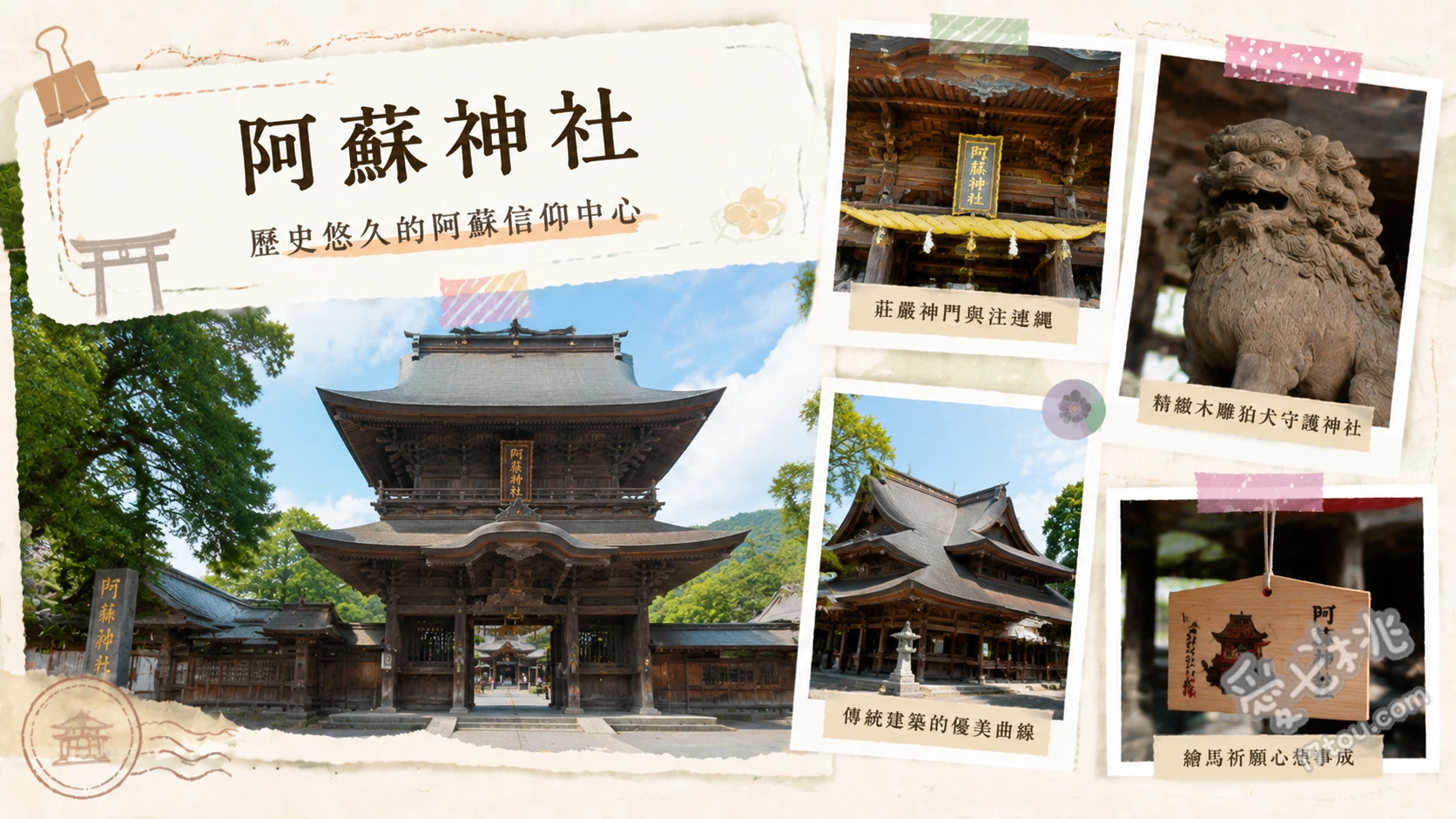 阿蘇神社｜2026最新！浴火重生的日本三大樓門與門前町老街 仰望修復完工的日本三大樓門，欣賞江戶時代木造建築工藝、漫步日本極為罕見的「橫向參道」，感受獨特的空間格局、於境內「神之泉」取水祈福，體驗阿蘇火山地質帶來的純淨湧泉