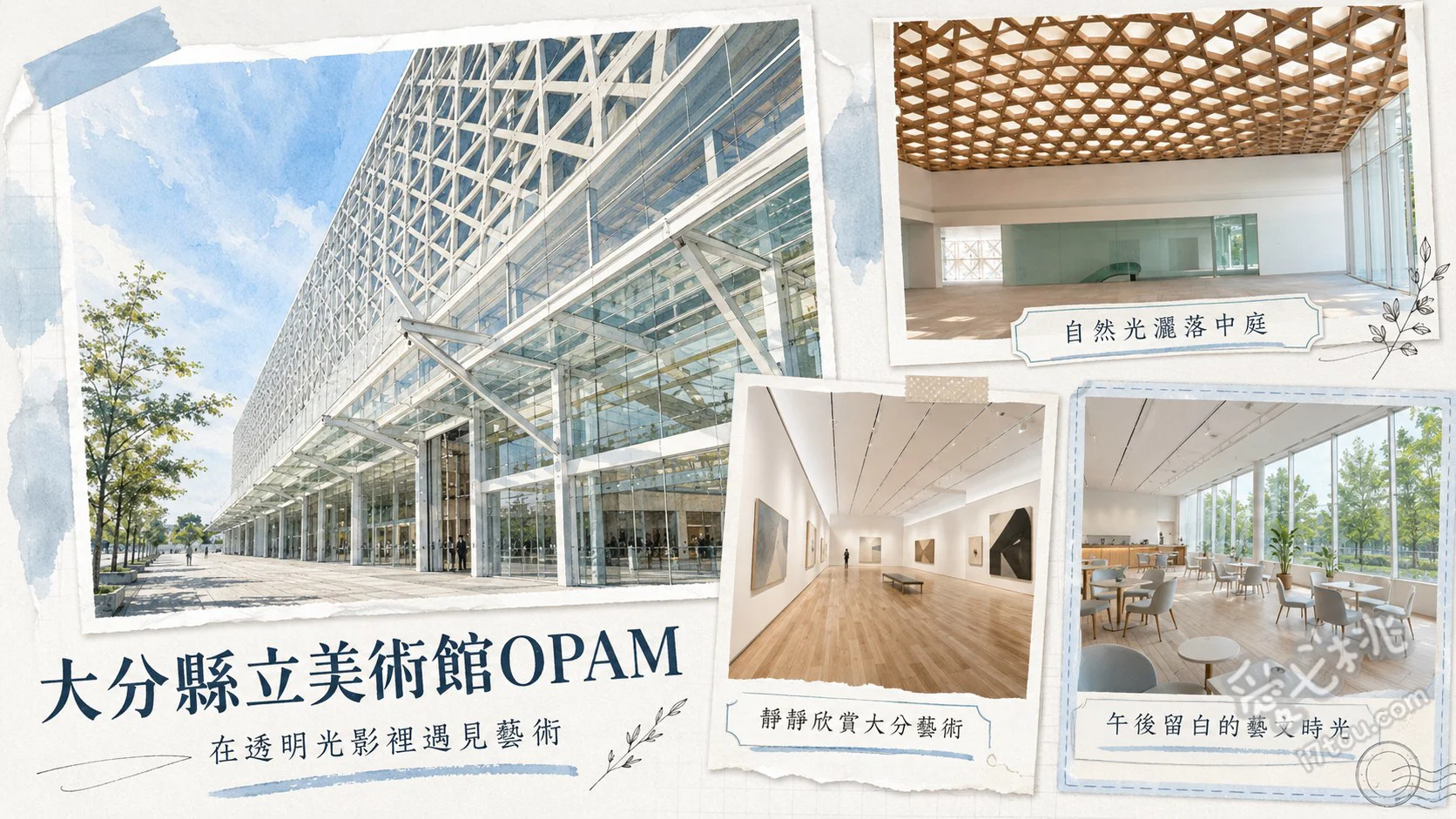 大分縣立美術館OPAM|走入坂茂純白建築,感受五感交織的藝術空間 坂茂設計的無柱式開放空間與竹編意象天花板、一樓大廳的繽紛巨型彩蛋與鏡面游泳池裝置藝術、三樓充滿自然光影的「天庭」與戶外玻璃走廊