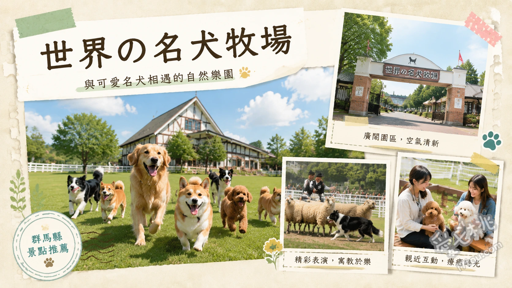 世界的名犬牧場｜群馬最大級狗狗主題樂園，愛犬族必訪景點 零距離互動區（接觸各體型犬種）、狗狗專屬散步體驗（約30分鐘）、戶外大型狗狗跑道與才藝表演