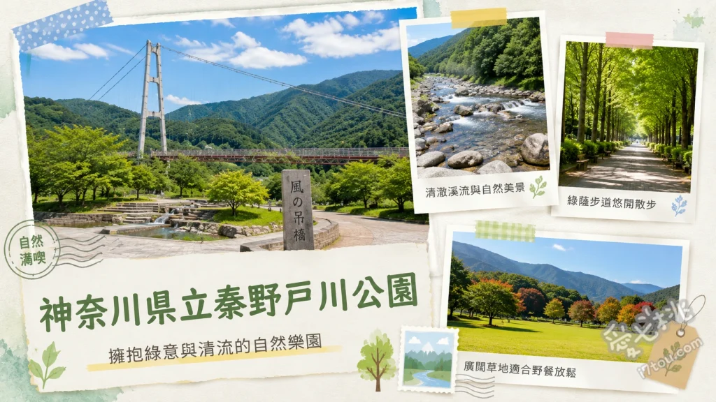 神奈川縣立秦野戶川公園｜丹澤山脈下的絕美花海與吊橋 漫步267公尺長的風之懸索橋眺望丹澤山脈、春季欣賞七萬株繽紛鬱金香與河津櫻交織的花海、夏季在清澈的水無川畔享受沁涼戲水時光