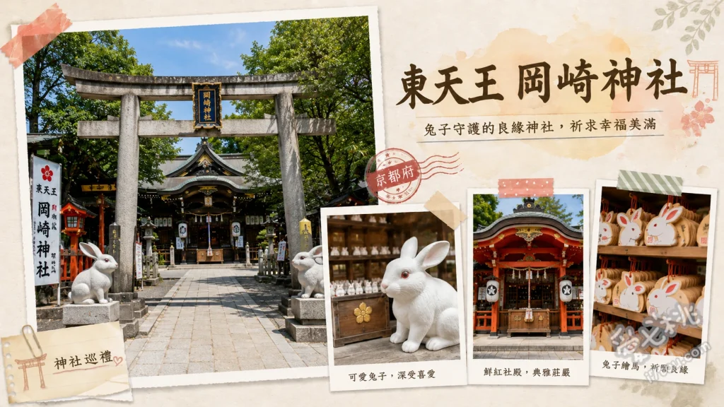 京都東天王岡崎神社｜超萌兔子神社，求子結緣必訪景點 撫摸黑曜石求子兔祈求安產與子嗣、尋找本殿前獨特的守護神使狛兔、挑選可愛兔子御籤並與紅欄杆合影