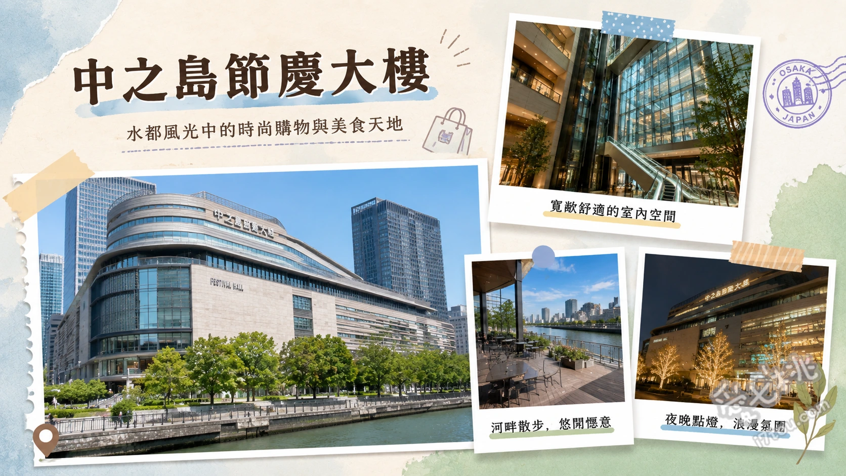 中之島節慶大樓｜大阪水都新地標，藝文與美食的雙塔複合空間 Festival Hall 氣派紅毯大階梯、中之島香雪美術館、高樓層觀景窗與雙塔建築外觀