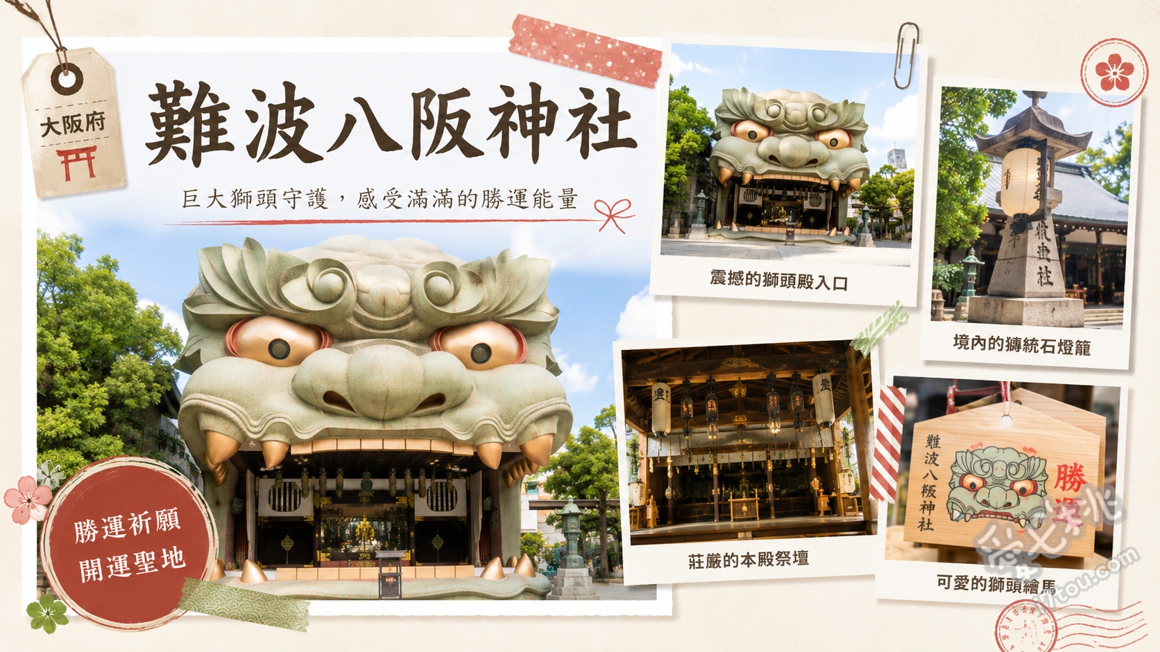難波八阪神社｜大阪巨型獅子殿，情侶必訪求勝運與戀愛良緣 12公尺高巨型獅子殿、獅子石像手水舍、抽戀愛鯉魚籤與購買特色御守