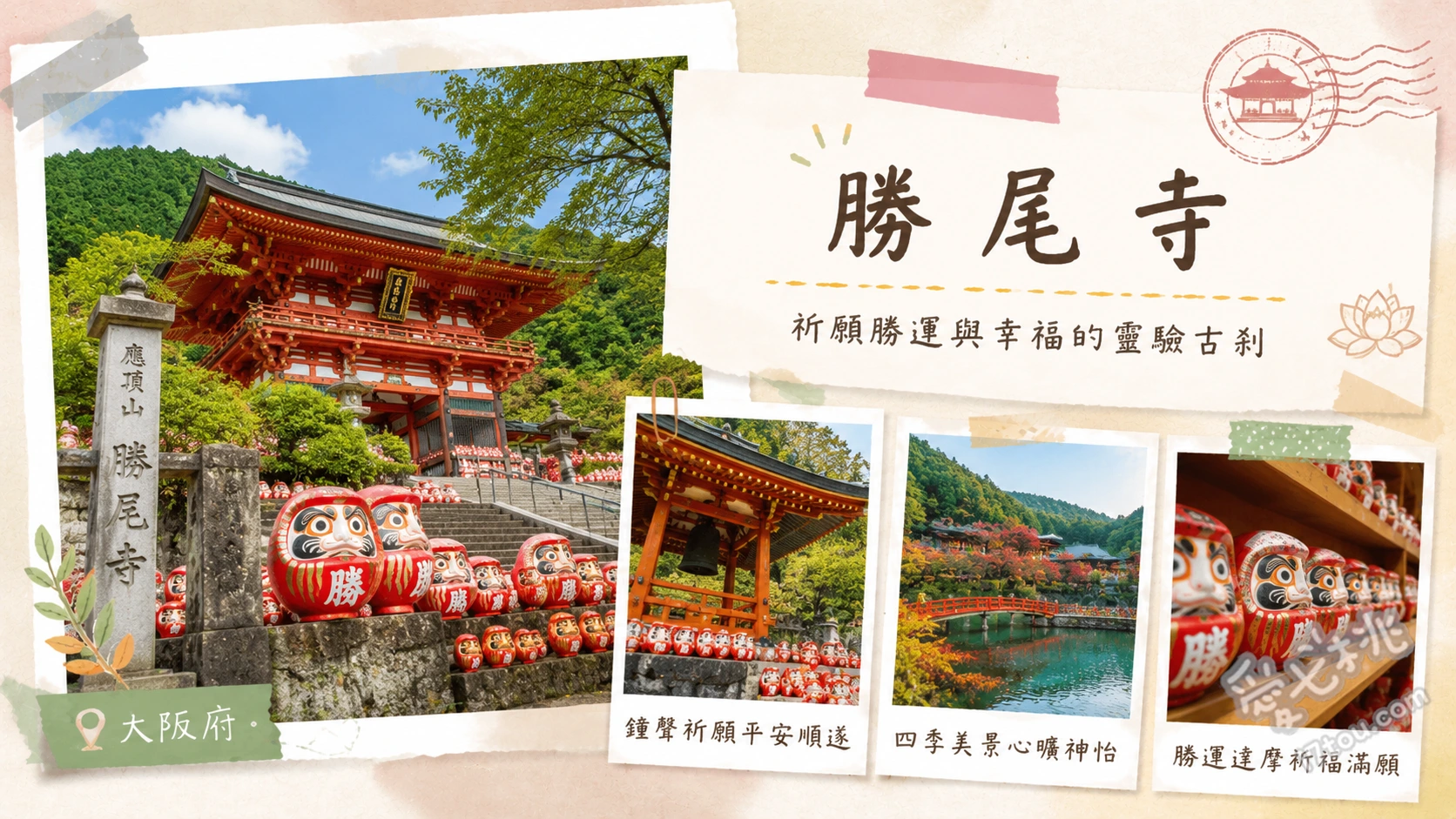 勝尾寺|大阪必訪勝運達摩寺,滿山不倒翁與絕美紅葉打卡聖地 勝利達摩奉納棚、達摩明信片集章尋寶、山門與淨化之橋