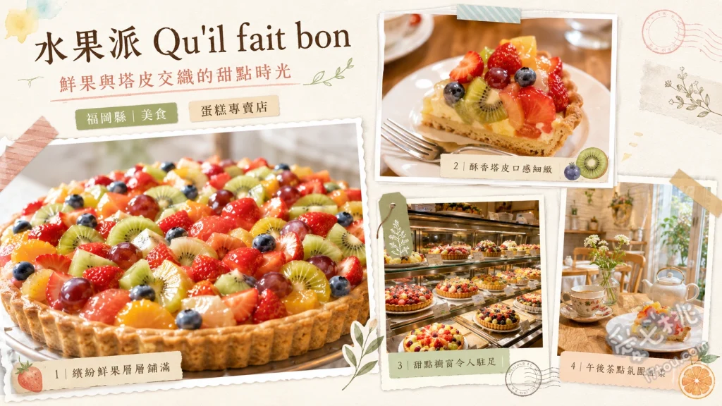 福岡天神甜點｜Qu'il fait bon 水果派，必吃季節限定法式水果塔 福岡甘王草莓塔 (果肉飽滿多汁，與卡士達醬酸甜完美平衡)、季節綜合水果塔 (一次品嚐多種新鮮水果，塔皮酥脆口感豐富)、靜岡哈密瓜塔 (果肉軟嫩香甜，用料毫不手軟極具奢華感)