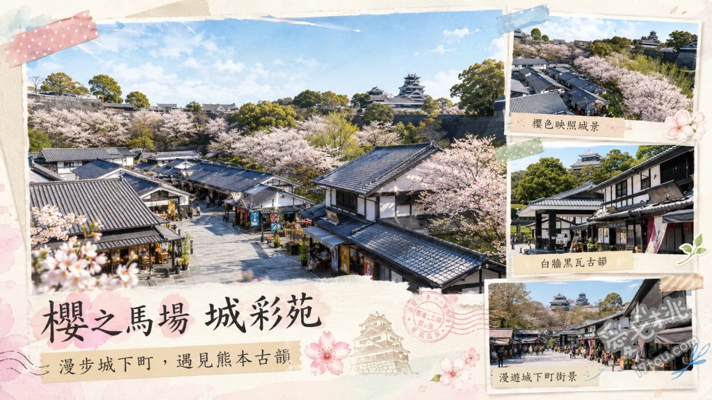 櫻之馬場城彩苑｜熊本城旁必逛免門票江戶老街與美食攻略 櫻花小路和服浴衣體驗、湧湧座虛擬實境與石垣修復、熊本城迎賓武將隊戶外展演