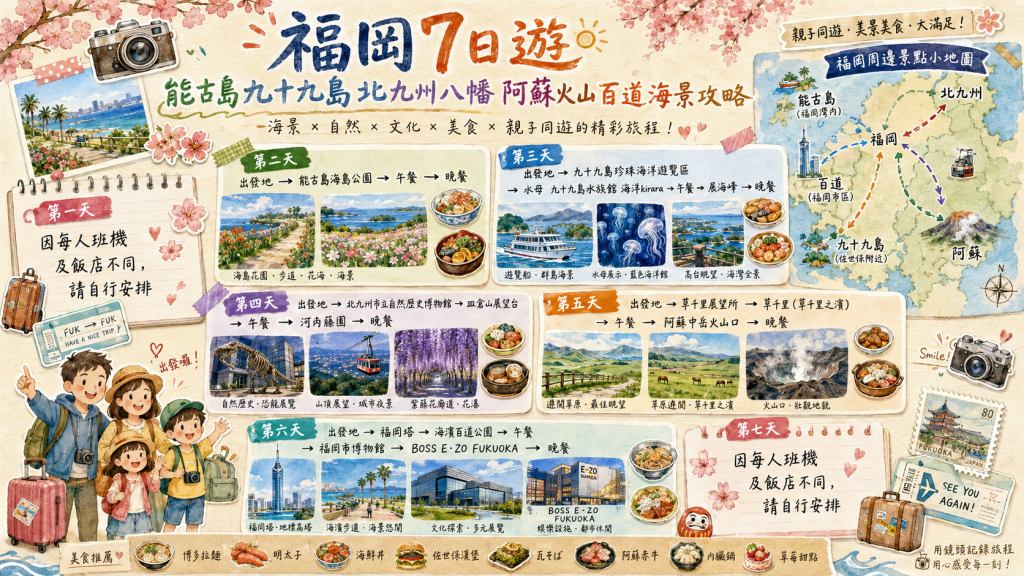 福岡7日遊｜能古島九十九島北九州八幡阿蘇火山百道海景攻略