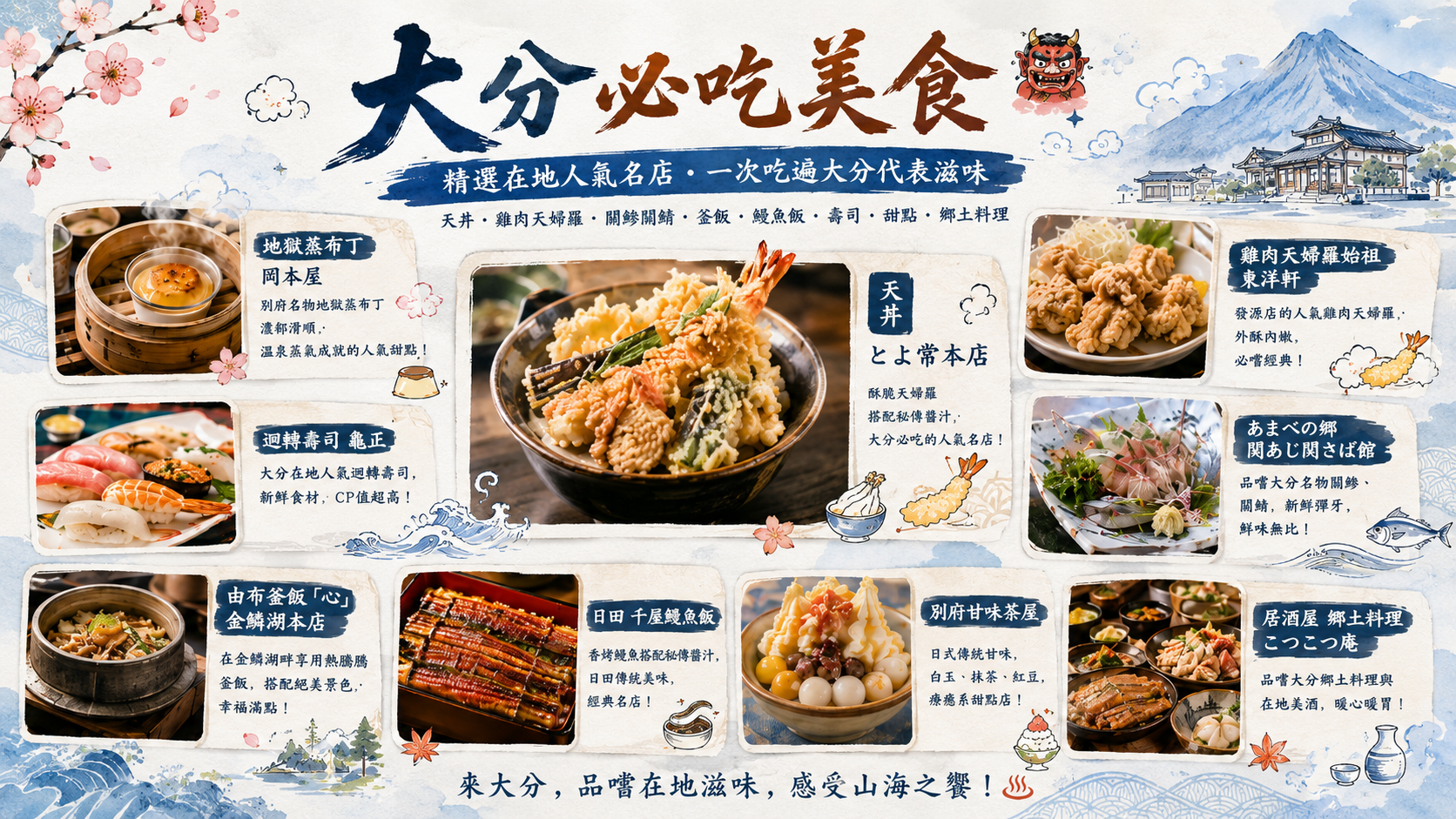 大分美食精選｜別府地獄蒸布丁、天丼、雞肉天婦羅、由布院釜飯與日田炒麵